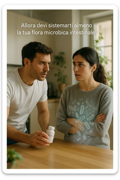 A hyper-realistic, cinematic photo of a young couple in their early 30s having a tense but calmer discussion in a bright modern kitchen. The man, fit, wearing a plain white T-shirt, holds a small probiotic supplement bottle in one hand, leaning slightly forward with a concerned yet firm expression, saying: 'Allora devi sistemarti almeno la tua flora microbica intestinale!' The woman, with dark hair in a loose ponytail, wearing a comfortable home sweater, stands with arms partially crossed, looking at him with a doubtful and confused expression, eyebrows slightly raised, lips parted as if about to respond but uncertain. Around them, faint translucent overlays of microscopic gut flora and bacteria symbols swirl softly near the woman’s abdomen, symbolizing the issue of her imbalanced gut microbiome. The kitchen is bathed in warm natural light, with green plants adding a sense of health and life, while the couple remains in sharp focus. The color palette is warm, with soft shadows and shallow depth of field highlighting the emotional tension yet care in the conversation, visually representing the discussion about gut health within the relationship sticker