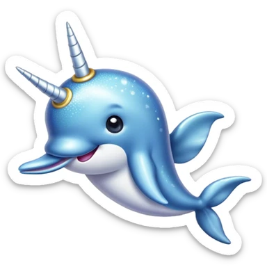 Cinematic Cute Narwhal Portrait Emoji, Head tilted playfully and inquisitively, with a glossy, shimmering body highlighted by its iconic tusk and sparkling eyes filled with wonder, Simplified yet irresistibly adorable features, highly detailed, glowing with a warm, friendly glow, high shine, affectionate and lively, stylized with a touch of whimsical charm, bright and endearing, soft glowing outline, capturing the essence of a mischievous marine marvel that feels like it could frolic out of the screen into your heart! sticker