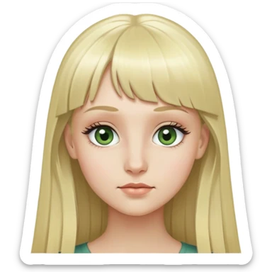 Girl with long blonde hair, micro bangs, no eyebrows, grey green eyes, and long eyelashes sticker