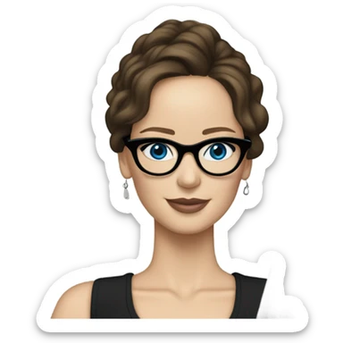 Realistic Photo of Brunette Jennifer Lawrence wearing black glasses and blue eyes talking on their laptop  sticker