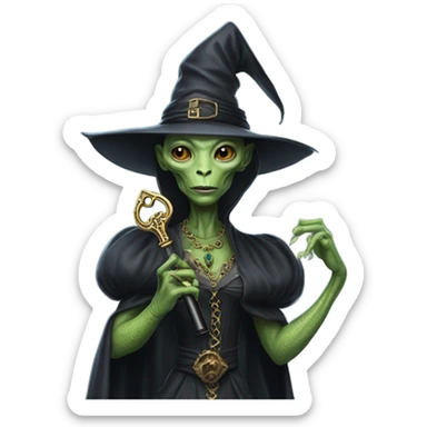 a Reptilian alien woman, as witch, holding a big key sticker