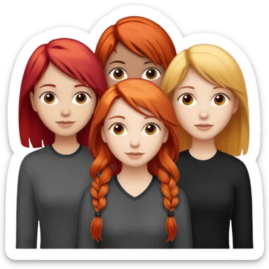 Can you create an image of 3 friends together one with red bright hair light skin one the other with brown hair with some blonde highlights in the hair fair skin the last one with light brown a tint of orange hair and black long hair with brown  sticker