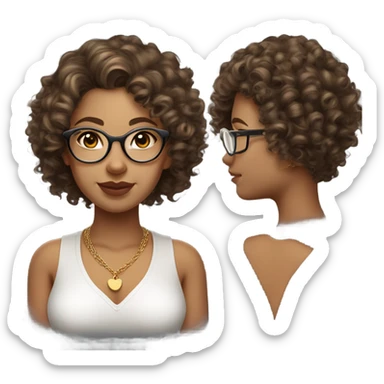 curly haired, olive skinned, girl, with transparent glasses, brown eyes and dark blonde hair with some meshes. a little curvy, oval face and plump lips. with a white bodysuits and cute gold necklace and gold earrings. sticker