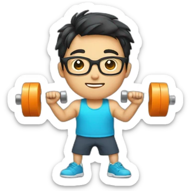 asian boy in specs with one dumbbell sticker