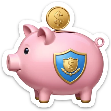 A clean and simple emoji-style icon: A stylized piggy bank with a coin dropping into it from above. Next to the piggy bank, a small shield symbolizing security and protection. Minimal details, rounded shapes, bright flat colors, consistent with standard emoji design. sticker