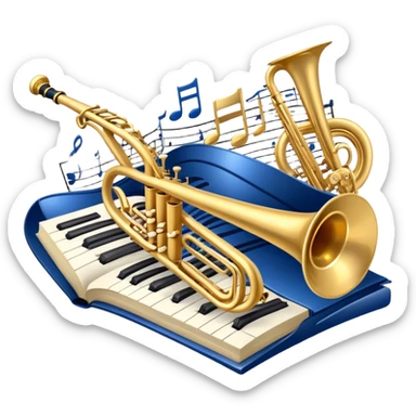 Create an elegant and refined emoji that represents orchestration and arrangement. The design should feature a musical score or sheet music with various orchestral instruments like a violin, a trumpet, and a grand piano subtly integrated into the composition. Add a conductor's baton, symbolizing the guiding hand of orchestration, and flowing musical notes that move between the instruments. Use rich, classic colors like gold, silver, and deep blue to evoke the sophistication of orchestral music. The background should be transparent, with a touch of intricate details to represent the complexity of orchestration. sticker
