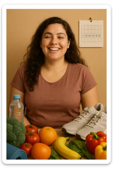 Realistic portrait of a healthy woman with PCOS, happy and relaxed appearance, well-cared skin, thick hair, energetic posture. Nearby, elements evoking a healthy lifestyle: balanced diet, physical activity, hydration, and calendar with serene days. Reduction of premenstrual symptoms. Warm lighting, vertical 2:3, no text. sticker