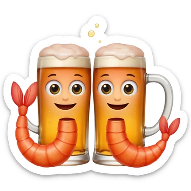 Design a trendy emoji-style illustration of two shrimp peeking from behind text, only half of their bodies visible, curious and playful expressions.
One shrimp holding a beer mug, the other pointing forward.
 sticker