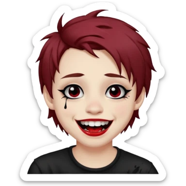 Laughing pale Goth boy with piercings, with shaggy brown hair, and messy black eyeliner , smudged, red, lipstick  sticker