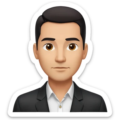 Attractive Hispanic TV host in his mid to late 40s with light brown skin, short straight black hair slicked back with fade on sides, square handsome face with strong jawline, friendly approachable expression, wearing open black jacket revealing white buttoned shirt underneath sticker