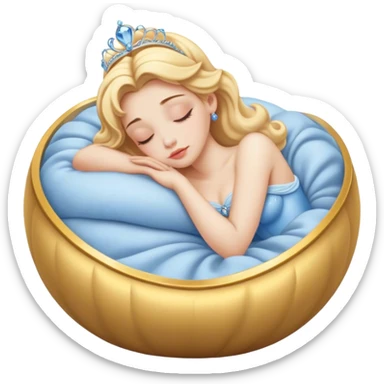 Cinematic Realistic Sleeping Cinderella Portrait, portrayed with exceptional realism: her luminous porcelain skin and exquisitely detailed golden-blonde hair lie softly under the gentle caress of natural light. Her eyes are peacefully closed in a serene, dreamlike slumber, and every fold and shimmer of her iconic ball gown is rendered with painstaking detail. The overall composition radiates a quiet, enchanting glow that encapsulates the timeless, restful beauty of a princess lost in a gentle, magical dream. sticker