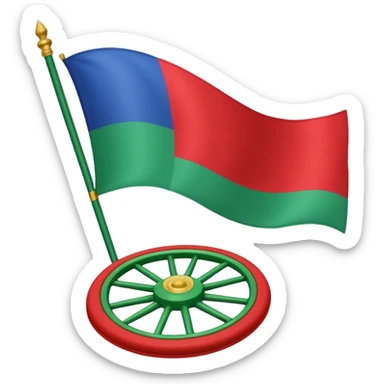 Sur un drapeau Une bande Bleu en haut et une verte en bas avec une roue rouge au milieu sticker