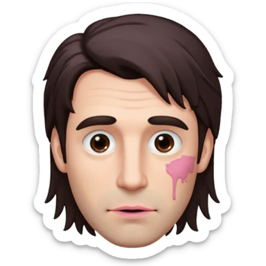 Handsome white man with big brown eyes thin pink lips long nose and dark brown messy hair cover his forhead eyes dirty sticker