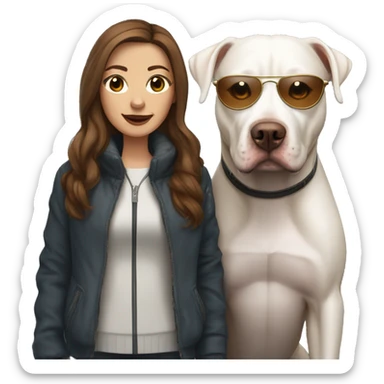 white woman with long brown hair in a furry jacket standing alongside a white pitbull with a brown eye patch  sticker