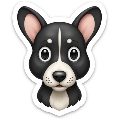 Black hound dog with big ears, white snout and white chest sticker