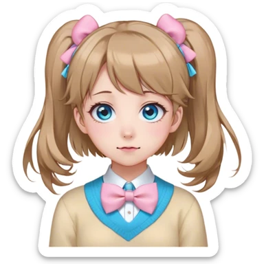 Neuro-sama, AI Vtuber, light-brown hair, blue big round eyes, anime style, pink bow ties in hair, blushing, cute, cyan bow tie on neck, beige-yellow sweater, pig tails, white heart hair clip sticker