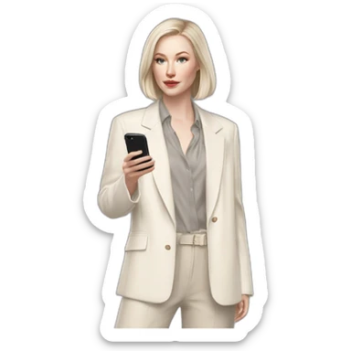 pale skin woman with ash blonde Straightened bob Hair, White Spacious classical jacket, beige palazzo Arrow pants and gray blouse holding white IPhone 15 pro in the hands sticker