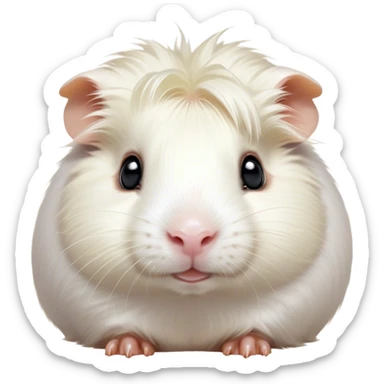 Cinematic Cute White Guinea Pig Portrait Emoji, Head tilted playfully and inquisitively, showcasing a silky, immaculate white fur with a natural glow, round, sparkling dark eyes filled with curiosity, Simplified yet irresistibly adorable features, highly detailed, glowing with a warm, friendly light, high shine, affectionate and lively, stylized with a touch of whimsy, bright and endearing, soft glowing outline, capturing the essence of a mischievous yet loving guinea pig, so playful it feels like it could nuzzle out of the screen and into your arms! sticker
