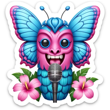 Pixar style little Cartoon Blue and pink tiki singing with butterfly and in the microphone, ultra detailed and lifelike imagery sticker
