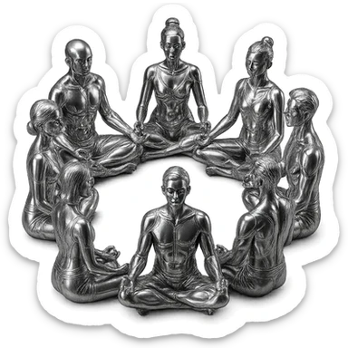 a circle of stylized chrome statues, mixed genders, meditating in the lotus position, futuristic and polished, no background sticker