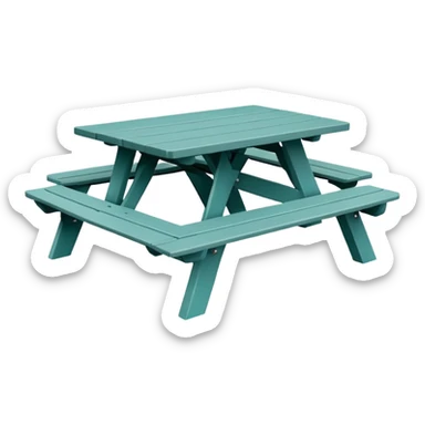 picnic table with attached benches, muted teal, straight vertical legs, small wheels, flat wood-style silhouette, minimal shading, clean geometry sticker