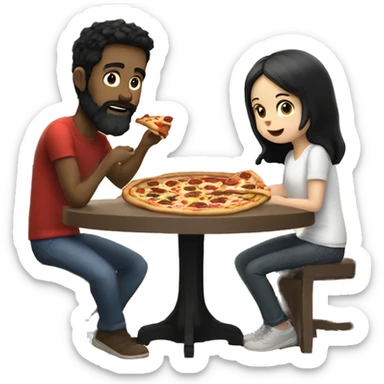 white man with black hair and beard sitting at a table eating pizza with small white girl with black hair sticker