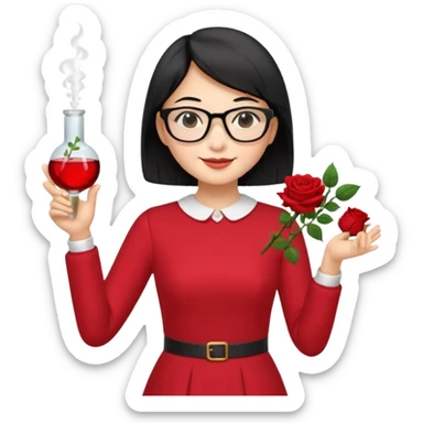 female asian chemistry teacher wearing glasses holdin a flask pointing right with straight short hair to her shoulders wearing a red dress with roses on it and black hair and make the glasses more retangle and make her hold a flash with one hand and with the other point right and make her smile sticker