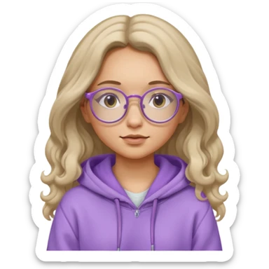 Chica de pelo largo y ondulado, con gafas redondas y expresión suave; viste una sudadera lila y transmite un estilo tranquilo y relajado. sticker