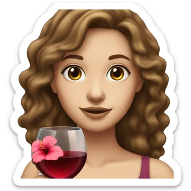 white girl with wavy brunette hair holding a glass of wine, with a hibiscus flower in her hair sticker