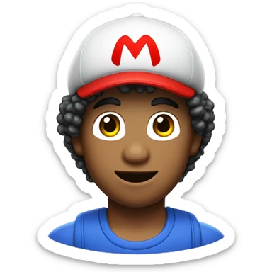 light skinned person with curly hair and Super Mario's cap sticker