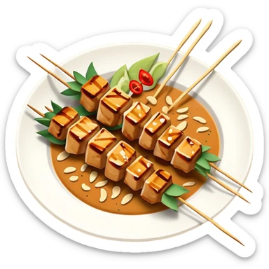 Cinematic Realistic Indonesian Chicken Satay Dish Emoji, depicted as succulent, marinated chicken skewers grilled to perfection with a subtle char, drizzled generously with a rich, creamy peanut sauce that glistens under warm, natural lighting. The vibrant textures of the tender meat and smooth, spicy sauce evoke the authentic flavors of Indonesian street food, rendered with lifelike detail and dynamic, appetizing lighting. sticker