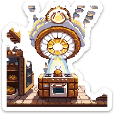 A divine baker surrounded by floating utensils, radiant ingredients, and a halo of light. The oven levitates, powered by pure energy. UI resembles clouds, golden rays, and ethereal scrolls—like a heavenly recipe interface. sticker