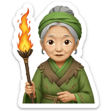ancient asian old woman, tattered leaf green cloth, hold fire stick sticker