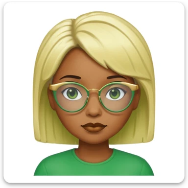 Caramel skin black woman 52 with green glasses that have gold edges and very blonde hair that’s very short but still puffy and small sticker