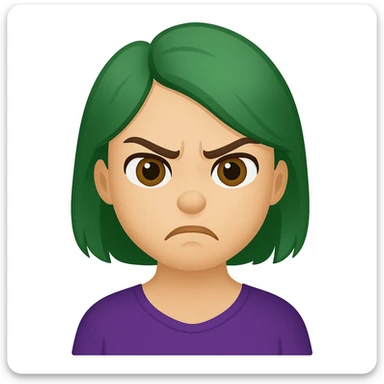 Edit the image of a girl with green hair and angry expression to have hazel eyes and nude lipstick in an emoji style. sticker