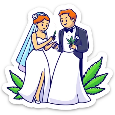 Bride in white dress and groom in tuxedo sharing a cannabis joint, cheerful cartoon wedding couple with festive colorful background sticker
