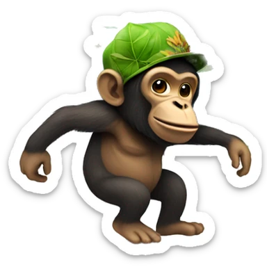 an ape with a leaf hat stomping on the globe sticker