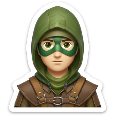 Clash of Clans aesthetic friendly Ranger Portrait Emoji, With a lean, agile build clad in earth-toned leather and green accents, a keen, focused gaze and a weathered hood shadowing determined eyes, his face rendered in a natural skin tone (not yellow), Simplified yet sharply defined features, highly detailed, glowing with a soft, natural woodland radiance, high shine, intelligent and resolute, stylized with an air of forest guardian authority, focused and alert, soft glowing outline, capturing the essence of a confident ranger ready to defend the wild with stealth and valor! sticker