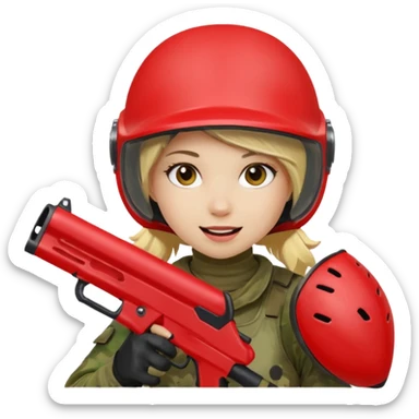 blond girl playing paintball with red paintball helmet, only face sticker