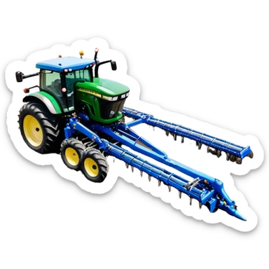 Bourgault 3420 Paralink Hoe Drill (2022) – Cinematic-realistic John Deere 6155M tractor hauling a Bourgault 3420 Paralink Hoe Drill, its powerful green frame pulling the vast blue seeder across endless fields. The machine plants seeds with pinpoint accuracy, leaving precise rows in the rich brown soil,  sticker