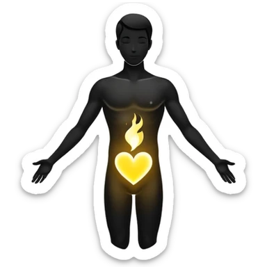 minimalist b&w male silhouette with flowing black-and-white curves across the lower body, now overlaid with a small, softly glowing spark or radiant light near the chest or head — heart symbolizing inspiration, inner fire, and creative energy awakening” style glow yellow sticker