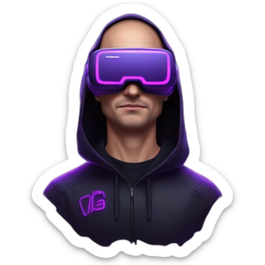 Russian man in the black hoody with violet letters "OMG VR" on it wearing vr headset. Cyberpunk style. Violet neon. sticker