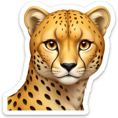 Cinematic Noble Cheetah Portrait Emoji, Poised and regal, with a lean, muscular build and a sleek, spotted Fur of golden hues, deep-set soulful amber eyes, Simplified yet sharp and sophisticated features, highly detailed, glowing with a warm, dignified glow, high shine, intelligent and swift, stylized with an air of wild elegance, focused and attentive, soft glowing outline, capturing the essence of a watchful and confident predator, so majestic it feels as though it could sprint out of the screen with effortless authority! sticker