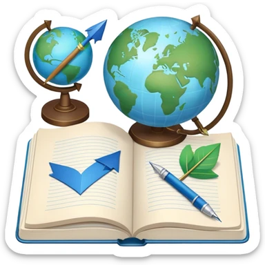 Create an emoji representing language translation. The design should feature a globe in the background, symbolizing international communication. In front of the globe, place two books or sheets of paper with texs on them and a pen nearby to indicate the act of writing. Add two arrows pointing in opposite directions between the sheets to represent the translation process. Use a clean and professional color palette with blues, greens, and neutral tones. Make the background transparent. sticker
