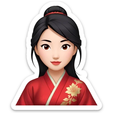 Cinematic Realistic Radiant Mulan Portrait, presenting Mulan with a warm, confident smile and lifelike light-toned skin that appears almost luminous under natural daylight. Her sleek black hair is rendered in meticulous detail, and her traditional robe—accented with understated red highlights—is depicted with realistic fabric textures and folds. The overall image exudes a gentle, inviting glow, high shine, and refined detail that captures her poised elegance and inner resilience in a painterly, authentic style. sticker