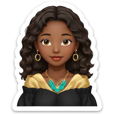 A South Korean girl with dark brown black wavy hair with middle part and layers. She is wearing a black off the shoulder long sleeve sweater, tiny gold hoop earrings and a dainty gold necklace. She is sweet and smiling with lips together sticker