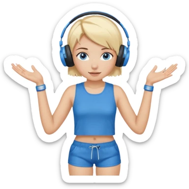 girl with blonde and middle short hair and blue eys with heands telling what, having heaphones on head, and short  sticker