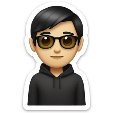 programmer, student, asian, black hair, black eyes, male, round face, black sunglasses, black hoodie, part hairstyle sticker