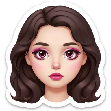 girl with light wheatish skin, dark brown long wavy hair, pouty shiny lips with berry lip gloss, large eyes with eyelashes, pink blush on cheeks, inner eye highlighted with white eyeliner, button nose sticker