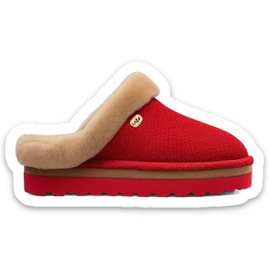 Chestnut slip-on slippers red zig-zag trim, a red heel pull tab, and a thick platform sole. “UGG” sticker